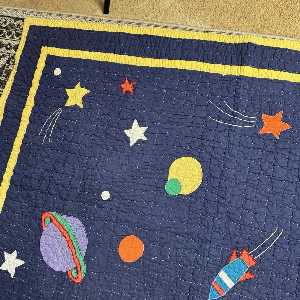 Vintage Space Quilt Twin Size 82x61.5 Rocket‎ Planet Solar System Kids Blanket